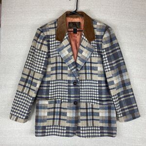 Vintage J.L. Colebrook Blazer Jacket Womens M Wool Suede Collar Plaid Blue/Brown